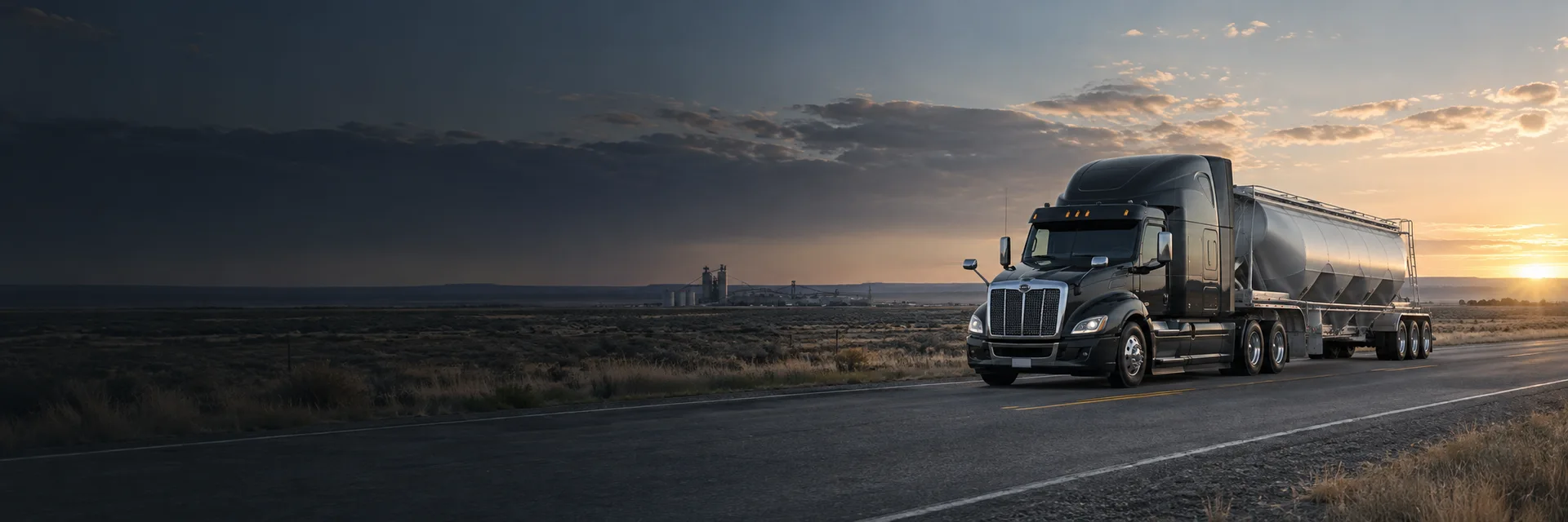 Illustrative dry bulk tractor-trailer on an open rural highway