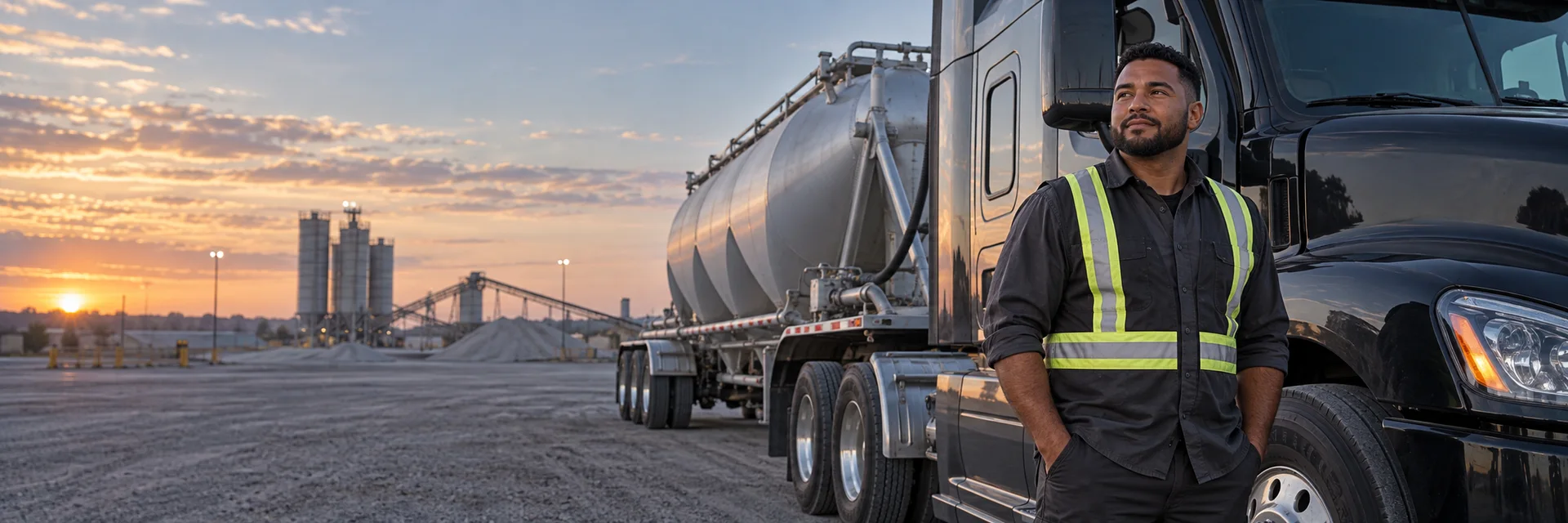 Illustrative scene of a professional driver beside a dry bulk truck