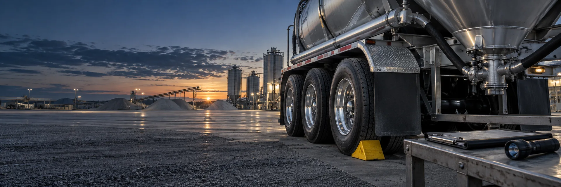 Illustrative view of trailer tires, a wheel chock, and inspection equipment